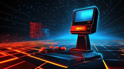 Poster - Vintage Computer in Neon Retro Futuristic Landscape Display