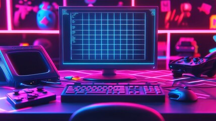 Poster - Retro Gaming Setup with Neon Lights and Modern Technology