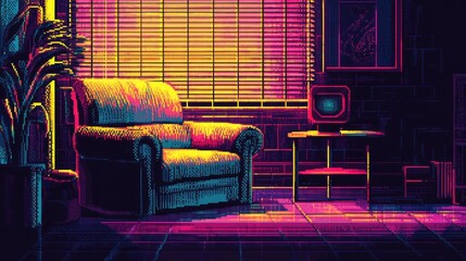 Poster - Retro Living Room Scene with Neon Colors and Digital Aesthetic