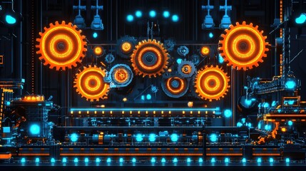 Poster - Futuristic Industrial Gears with Neon Lights and High-Tech Design