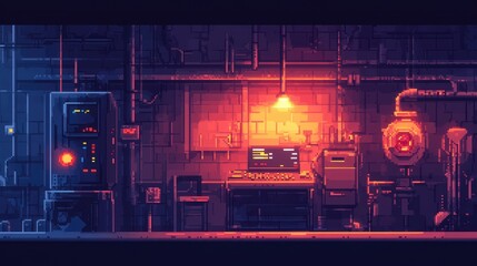 Poster - Retro Gaming Setup in a Dimly Lit Industrial Environment