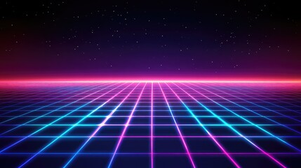 Poster - Futuristic Neon Grid Landscape in Vibrant Colorful Lights