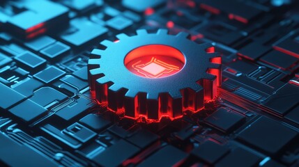 Poster - Metallic Gear on Circuit Board with Red Lighting Effect
