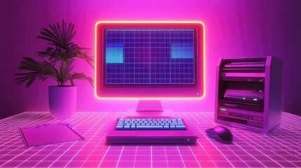 Poster - Retro Computer Setup with Neon Lights and Green Plant Decoration