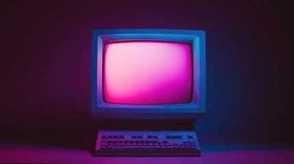 Poster - Retro Computer with Neon Lights and Glowing Screen Background