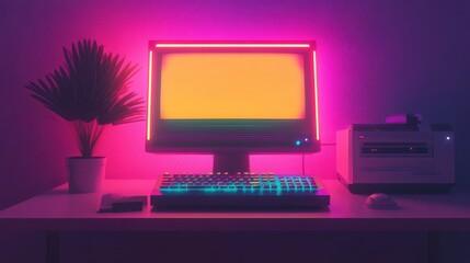 Poster - Vibrant Retro Computer Setup with Neon Glow and Minimal Decor