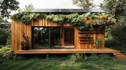 Poster - A modern sustainable house featuring an eco-friendly design, solar panels on the roof, and vibrant greenery adorning the exterior. Located in a serene environment, it blends with nature effortlessly.