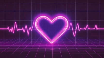 Poster - Neon Heartbeat Graphic with Pink Heart and Waveform Background