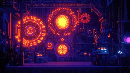 Poster - futuristic industrial scene with neon gears and machinery details