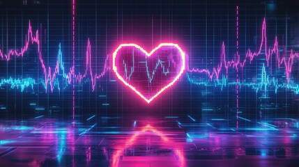 Poster - Digital Heartbeat Visualization with Neon Heart and Graph Elements