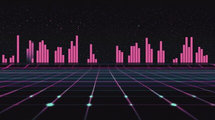 Poster - Neon Sound Wave Visualization with Grid Background and Stars