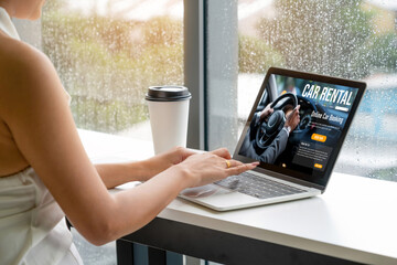 Poster - car rental website on computer screen for tourist to rent a car for transportation snugly