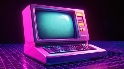 Poster - Retro Computer with Neon Glows on a Futuristic Grid Background