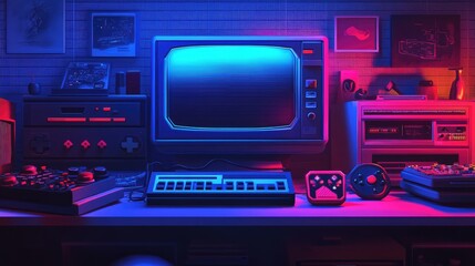 Poster - Retro Gaming Setup with Vintage Console and Colorful Lighting