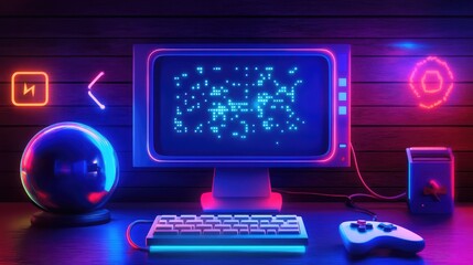 Poster - Retro Gaming Setup with Neon Lights and Pixelated Display