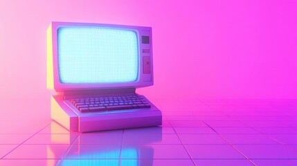 Poster - Retro Computer with Glowing Screen on Pink and Purple Background