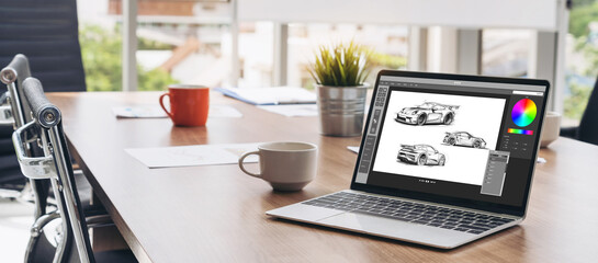 Poster - electric car design software on computer screen showing simulation blueprint snugly by digital calcu