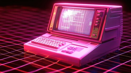 Poster - Retro Style Computer with Neon Glow in Futuristic Digital Setting