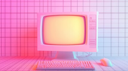 Poster - Retro Computer Display with Colorful Neon Lighting Effects
