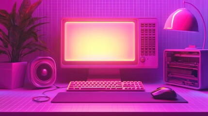 Poster - Ambient Retro Workspace with Computer and Creative Decor Elements