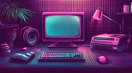 Poster - Retro Computer Workspace with Neon Colors and Vintage Technology