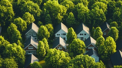 Aufkleber - Aerial view showcases a charming residential area nestled among dense trees. Beautiful homes with unique architecture are visible, emphasizing a peaceful and inviting atmosphere amidst nature.