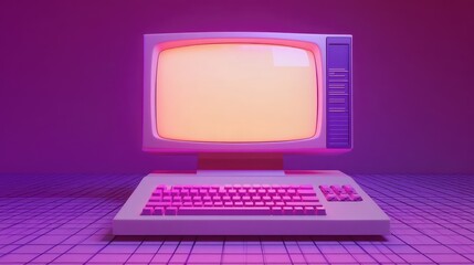 Poster - Retro Computer with Neon Colors in a Minimalist Background