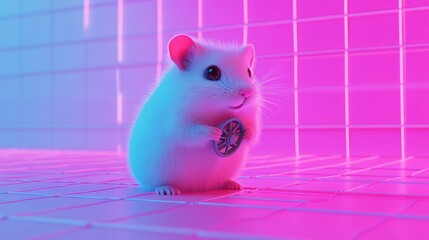 Poster - Cute White Hamster with a Small Toy in Neon Pink and Blue Background