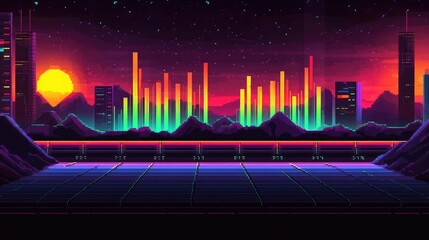 Poster - Vibrant Retro Futuristic Landscape with Colorful Sound Waves