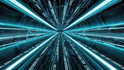 Poster - futuristic optical highway with neon blue light beams and intricate data streams creates cyber inspired aesthetic, evoking sense of speed and technology