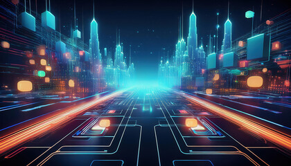 Poster - futuristic digital cityscape with glowing skyscrapers and vibrant lights, showcasing advanced techno