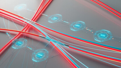 Poster - Futuristic communication lines with neon fiber optic cables create vibrant, abstract tech theme. Holographic transmission enhances visual appeal, showcasing advanced technology