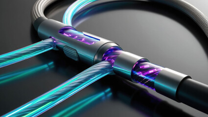 Poster - Futuristic data cable with iridescent optical pathways showcasing advanced bandwidth transmission. glowing tech highlights innovation and connectivity