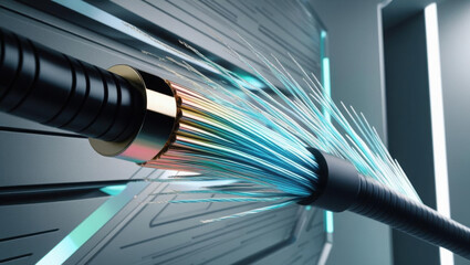 Poster - high speed optical cable with iridescent bandwidth flow, showcasing cyber inspired background and cu
