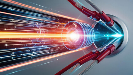 Poster - Light speed data cables create shimmering bandwidth pulses in vibrant cyber scene, showcasing advanced connectivity and futuristic technology