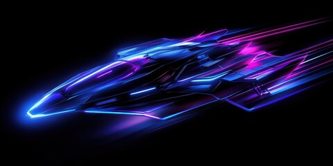 Poster - A space ship is flying through the sky with a blue and purple color scheme