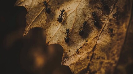 Poster - Ants Crawling on a Dry Leaf Under Natural Light in a Forest Setting