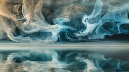 Poster - Ethereal Smoke Swirls Over Reflective Water Surface in Soft Hues