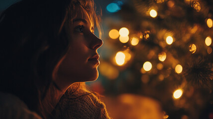 Woman gazes contemplatively at softly lit Christmas tree in cozy setting