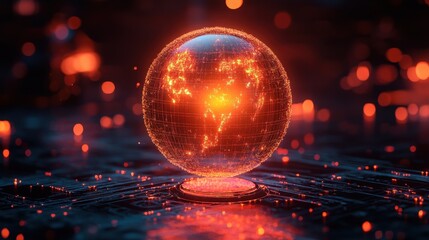 Fototapete - Abstract glowing globe with interconnected digital lines representing global network connections illuminated against a dark background