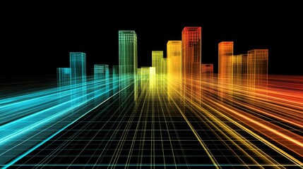 Poster - Futuristic City Skyline with Vibrant Colorful Lights and Grids