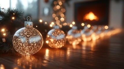Poster - Elegant Glass Ornaments with Intricate Patterns Enhance Holiday Spirit, Glowing Warmly Against a Cozy Fireplace and Festive Garland Background