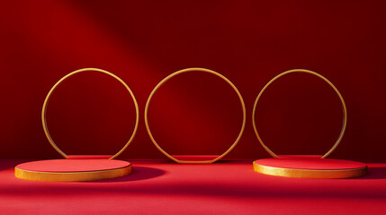 Poster - Stylish display platforms with golden circular props on a red backdrop for creative presentations
