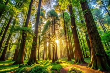 Wall Mural - Captivating Architectural Photography of Enchanting Forests with Towering Trees and Sunlight Filtering Through Leaves, Showcasing Nature's Serenity and Beauty