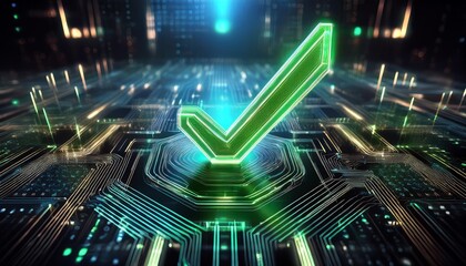 Poster - A glowing green checkmark on a circuit board background symbolizes success and validation in a digital environment.