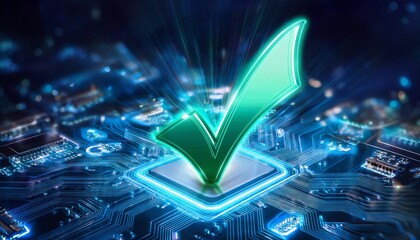 Poster - A glowing green check mark over a circuit board, symbolizing verification and success in a digital context.