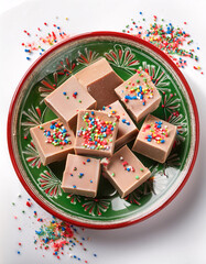 Wall Mural - A pile of golden fudge squares with colorful sprinkles on a plate