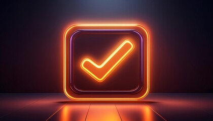 Poster - A glowing checkmark icon in a sleek, dark environment, symbolizing approval and completion with vibrant neon colors.
