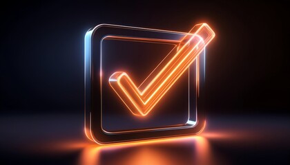 Poster - A glowing checkmark icon inside a square outline, symbolizing completion or approval, set against a dark background.