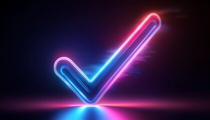 Poster - A glowing neon check mark against a dark background, symbolizing approval or confirmation with vibrant colors.